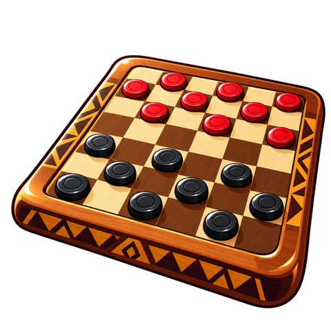 Draft game art — an isometric checkers board with a carved kente-pattern border