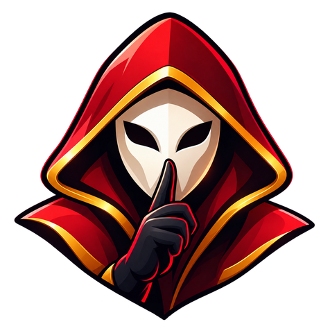 Traitors game art — a hooded figure in a red and gold cloak, finger to lips
