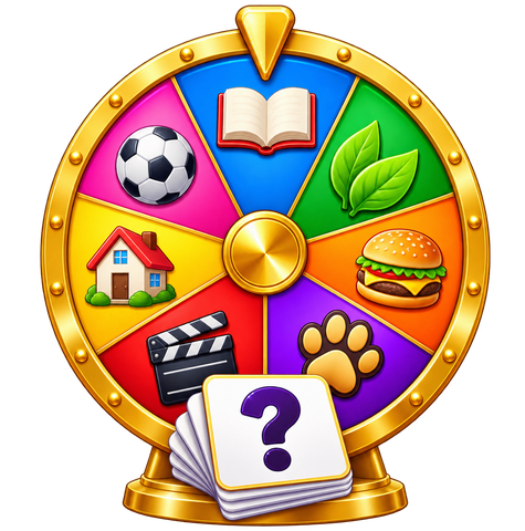 Word Bluff game art — a spinning category wheel with a stack of cards